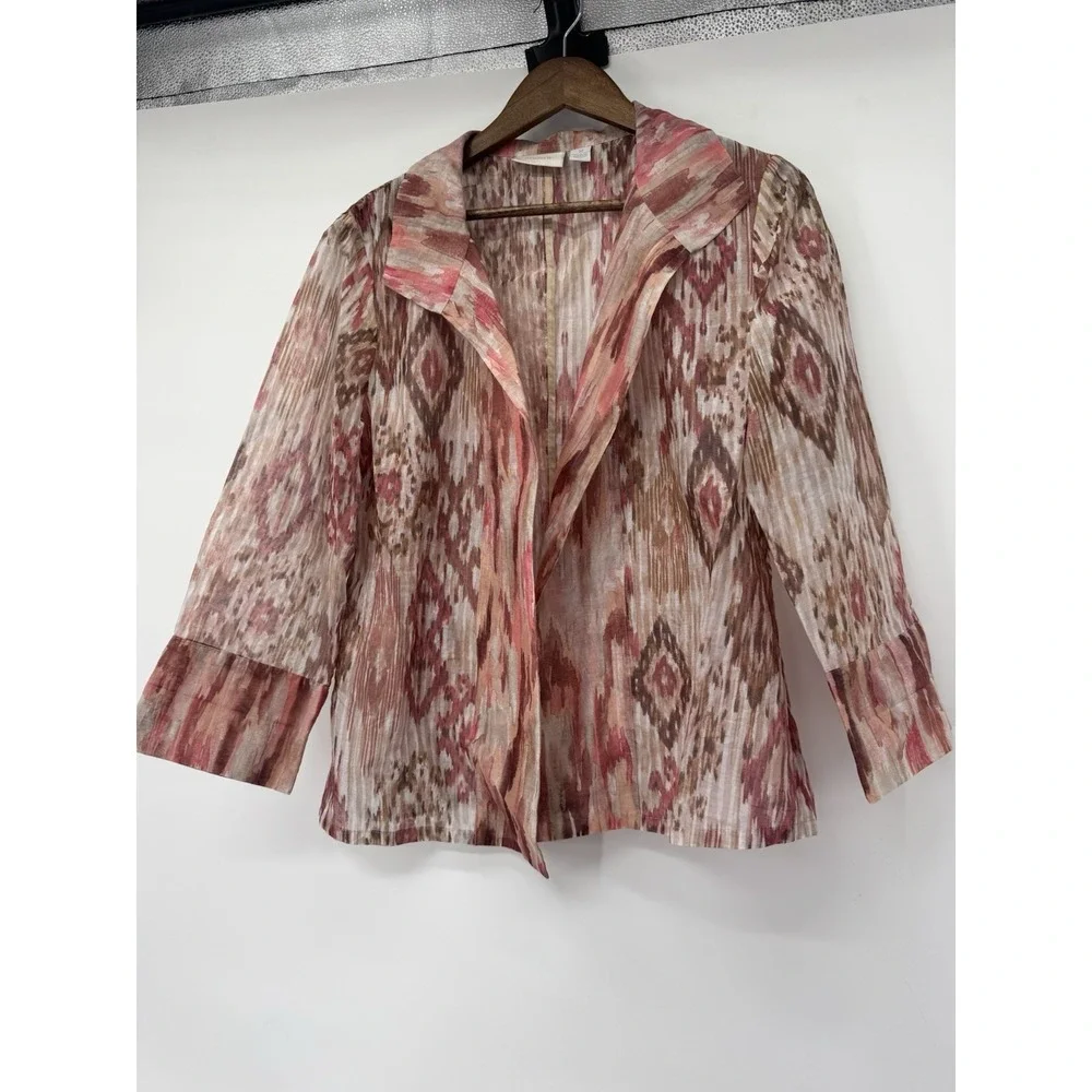 Chicos Jacket Blazer Pink Ikat 3/4 Sleeve Sheer Open Front Office Large 2 Geo‎